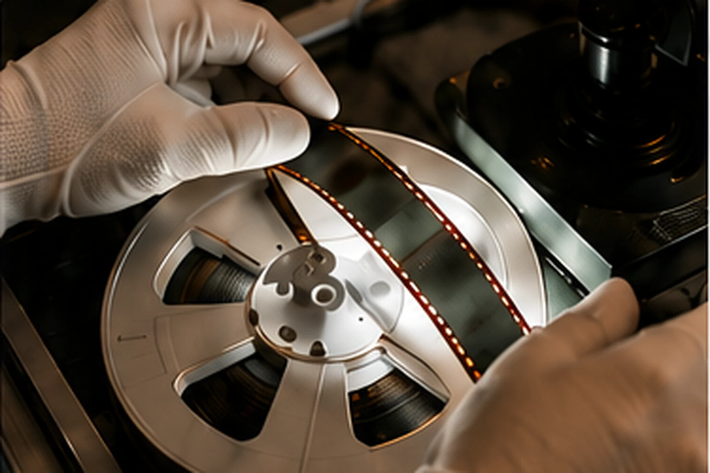 Ruce v bílých rukavicích drží filmový kotouč při digitalizaci.