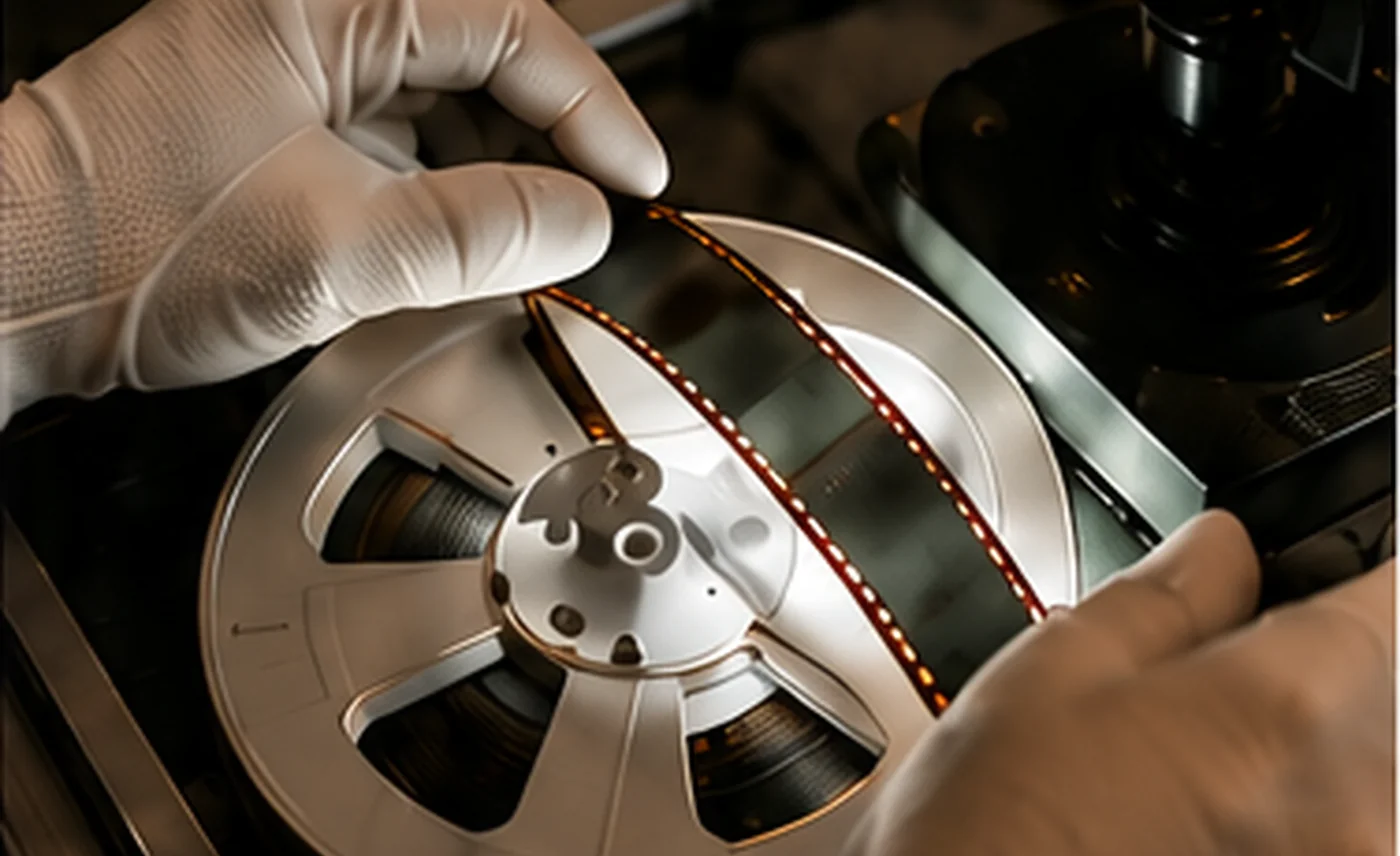 Ruce v ochranných rukavicích drží filmový kotouč při digitalizaci.